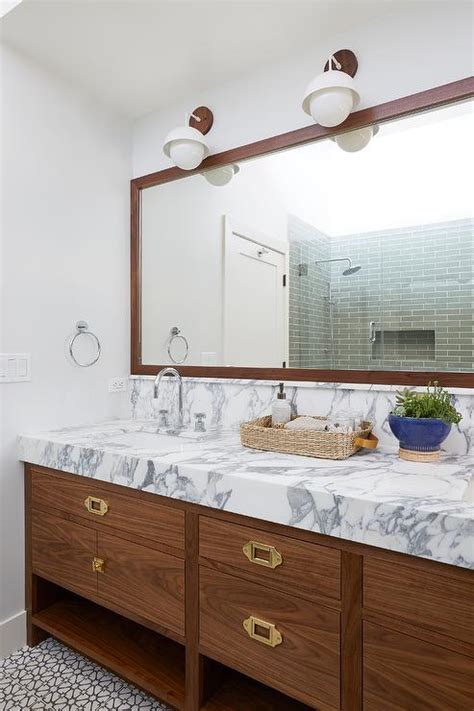 Chocolate Brown Wooden Dual Bath Vanity With Vintage Brass Pulls