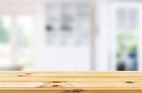 Premium Photo White Kitchen Background With Smooth Wooden Table