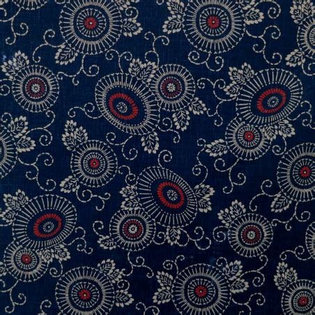 Tissu Japonais Coton Bleu Nuit Fleurs Et Arabesques Cru Et Rouges