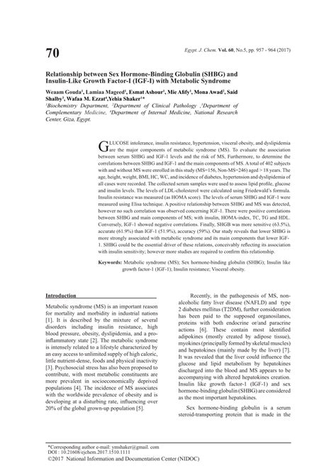 PDF Relationship Between Sex Hormone Binding Globulin SHBG And Insulin Like Growth Factor I