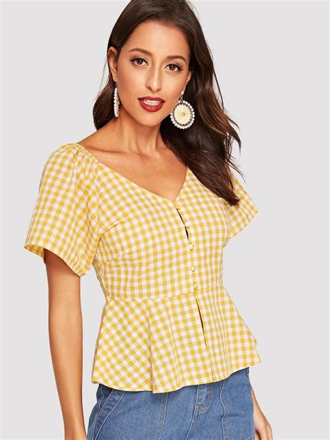 SHEIN V Neck Button Front Gingham Peplum Shirt Peplum Shirts Peplum