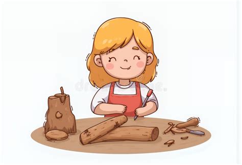 Joyful Blonde Chibi Character Crafting Wooden Pieces A Delightful Korean Style Cartoon