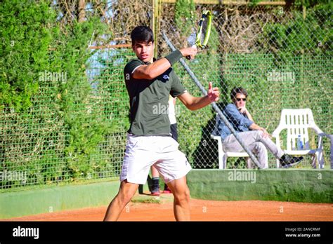 Murcia Spain December 26 2019 Carlos Alcaraz Garfía A Spanish Tennis Player Training At Clay