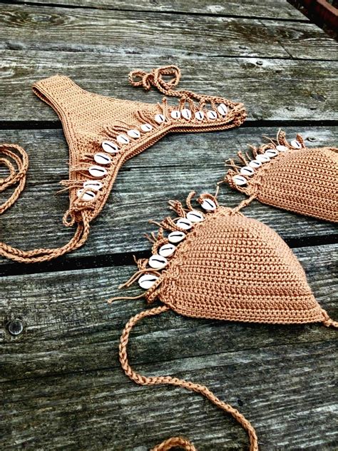Crochet Bikini Set In Tan Brown Bronze With Natural Shells Etsy