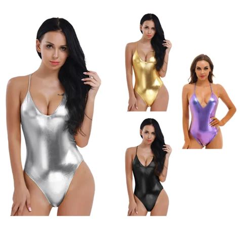 WOMEN ONE PIECE WET Look Leather High Cut Leotard Thong Bikini Bodysuit Swimwear EUR 11 48