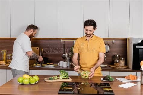 Ensalada De Cocina Gay Cerca De Su Pareja Foto De Archivo Imagen De Cocinero Amor 271209154