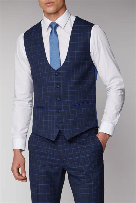 Antique Rogue Navy Blue Checked Waistcoat Suitdirect Co Uk