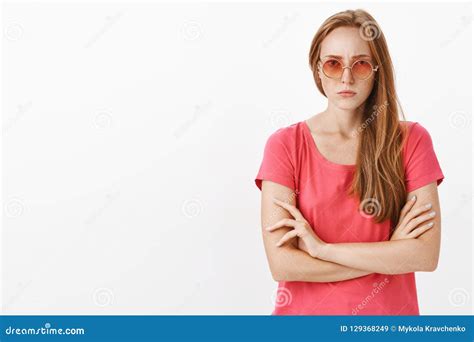 Angry Woman Waiting Explanations Intense Serious Looking Displeased Redhead Girl With Freckles