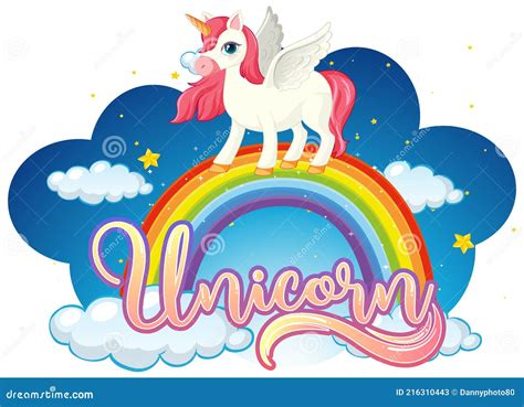 Cartoon Character Of Unicorn Standing On Rainbow With Unicorn Font