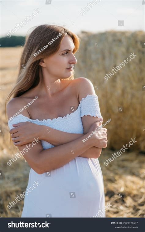 Beautiful Pregnant Brunette White Dress Near Stock Photo 2223126637 Shutterstock
