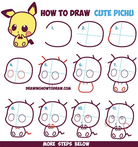 How to Draw Cute / Kawaii / Chibi Pichu from Pokemon in Easy Step by ...