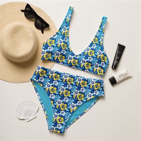 High Waisted Two Piece Bikini Bathing Suit Tropical Hawaiian Hibiscus Flowers Swimsuit