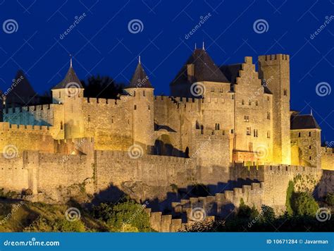 Medieval Town Of Carcassonne At Night Stock Photo Image Of Building