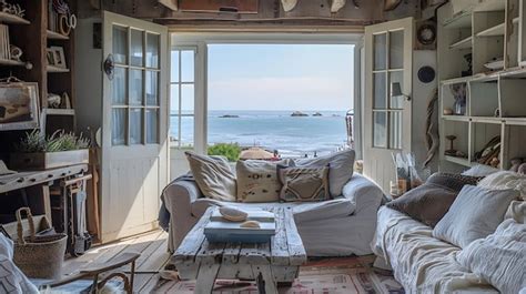 Cozy Coastal Living Room With Ocean View Premium Ai Generated Image