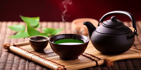 Asian Tea Set Japanese Teapot And Cups On Bamboo Mat Generative Ai Hot Tea In Pot And Teacups