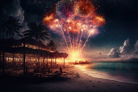 Celebração da festa de Ano Novo à noite na praia fogos de artifício