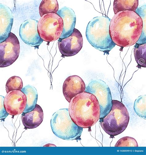 Watercolor Colorful Air Balloons Seamless Pattern Hand Drawn Il Stock