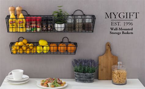 Myt Country Rustic Wall Mounted Black Metal Wire Storage Baskets Display Racks