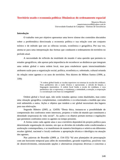 Território Usado E Economia Política Dinâmicas Do Ordenamento Espacial Pdf Economia