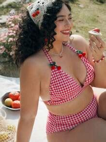 Swim Mod Plus Size Women 2pcs Bikini Swimwear Set With Cute Cherry Decor Adjustable Drawstring