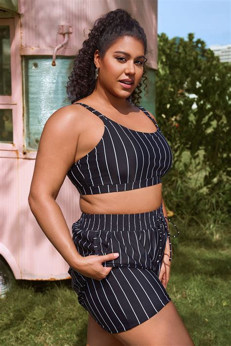 Black Striped Adjustable Straps Timeless Bikini Top With Boy Short Set