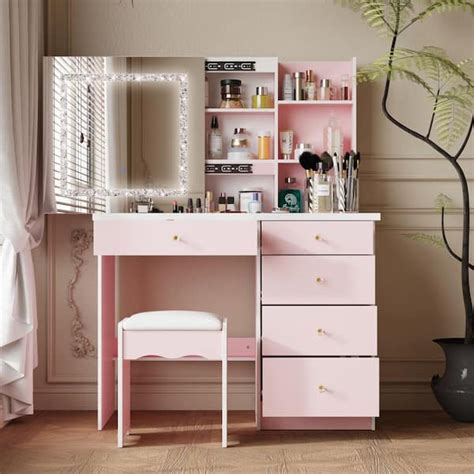 Fufu Gaga Drawers Pink Wood Led Push Pull Mirror Makeup Vanity Set