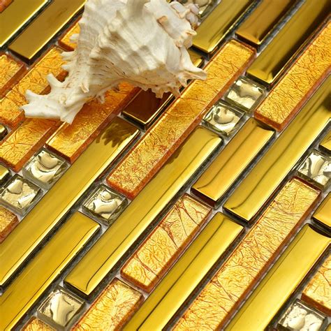 Luxury Golden Metal Mixed Glass Mosaic Tiles Strip For Dining Room Wall