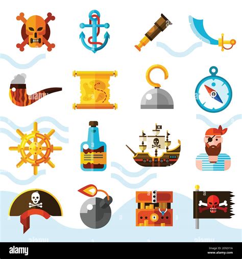 Pirates Flat Color Icons Set With Wooden Chest Of Gold Anchor Binoculars Compass Helm And Black