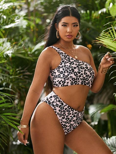 Shein Swim Vcay Plus Leopard Bikini Set One Shoulder Top High Waisted