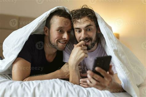 Happy Gay Couple Having Tender Moments In Bedroom Homosexual Love Relationship And Gender