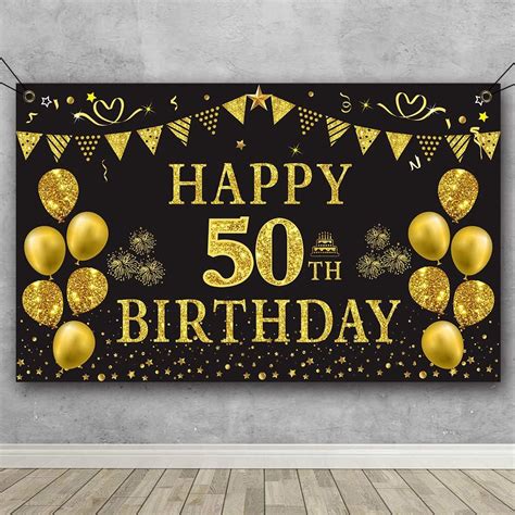 Trgowaul 50th Birthday Backdrop Gold And Black Happy Birthday Party