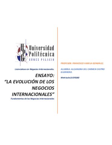 Ensayo Sobre La Evolucion De Los Negocios Internacionales Castro