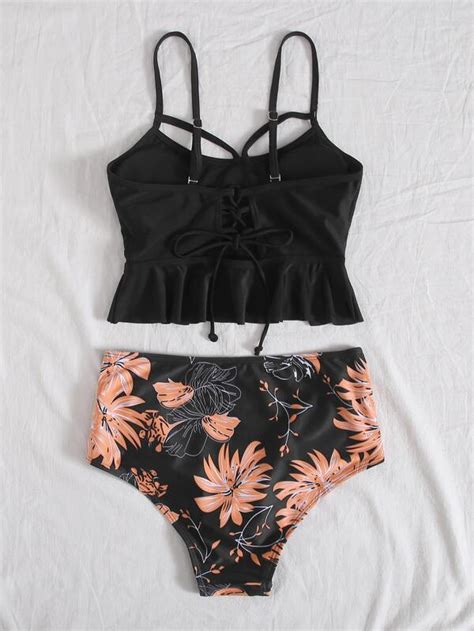 Lace Up Floral High Waisted Bikini Swimsuit Shein Usa