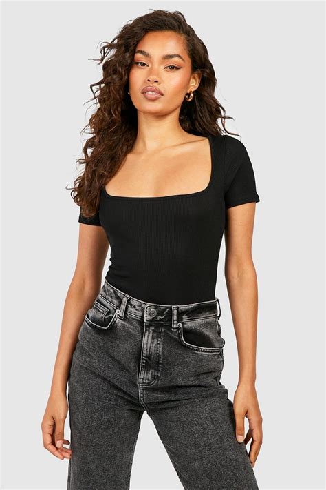 Women S Basic Short Sleeve Square Neck Rib Bodysuit Boohoo Uk