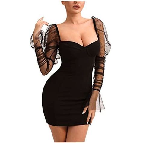 Lvow Dresses Lvow Seethrough Mesh Sheer Puff Long Sleeve Club