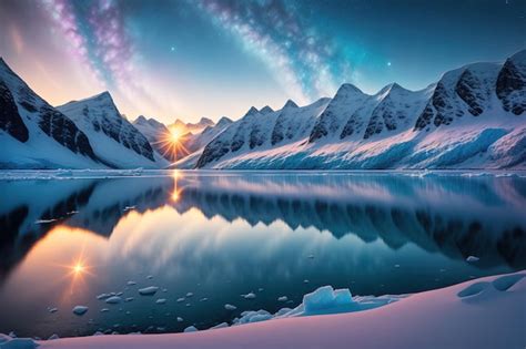 Un Lago Congelado Con Monta As Y Un Atardecer De Fondo Foto Premium