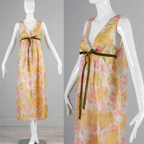 Medium S Orange Nightgown Vintage Lingerie Pink Floral Empire Waist Negligee Fashion