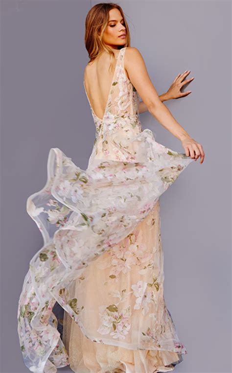 Jvn23697 Floral Print Plunging Neck Maxi Prom Dress Jvn