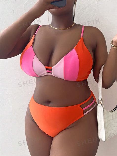 SHEIN Swim Curve Plus Color Block Bikini Set Cami Bra Cut Out High Waisted Bottom 2 Piece