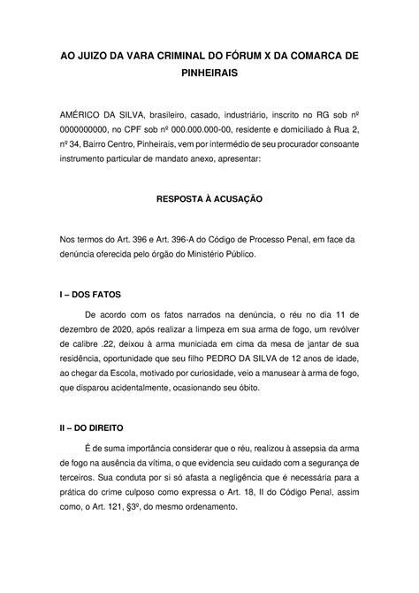 Trabalho Resposta Acusa O Ao Juizo Da Vara Criminal Do F Rum