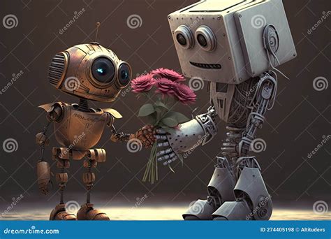 Cute Robot Surprises Friend With Bouquet Of Flowers For Her Birthday Stock Illustration