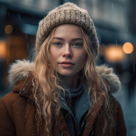 Premium AI Image A Woman With Long Blonde Hair And A Hat Stands In The Snow