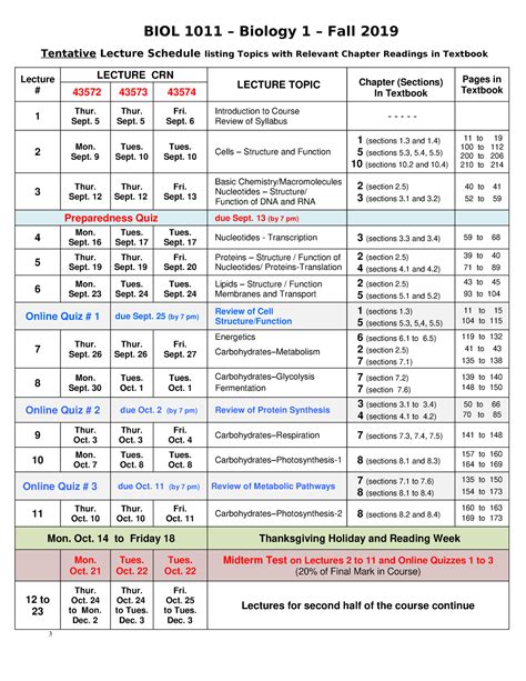 Biol F Lecture Schedule Biol Biology Fall