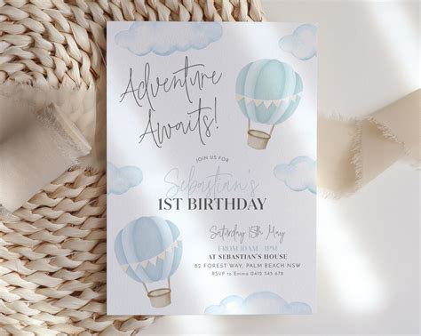 Hot Air Balloon St Birthday Invitation Adventure Awaits Etsy