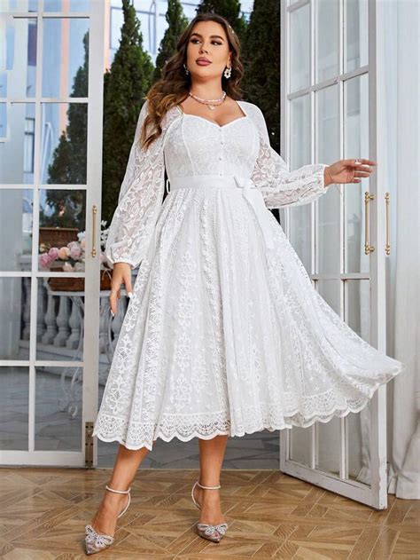 Simplee Plus Sweetheart Neck Lantern Sleeve Belted Lace Dress SHEIN