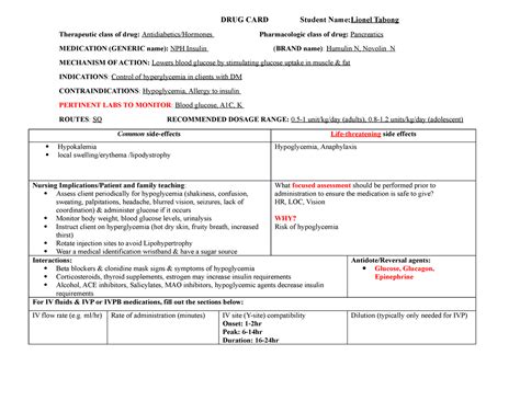 Novolinnph Insulin Drug Card Drug Card Student Namelionel Tabong