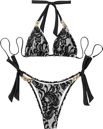 Amazon GORGLITTER Women S Lace Halter Triangle Bikini Sets High Waisted Metallic Chain