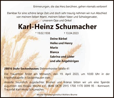 Traueranzeigen Von Karl Heinz Schumacher Trauer Kreiszeitung De