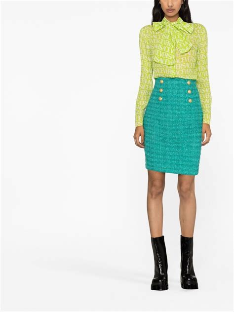 Versace Pussy Bow Logo Print Blouse Green FARFETCH