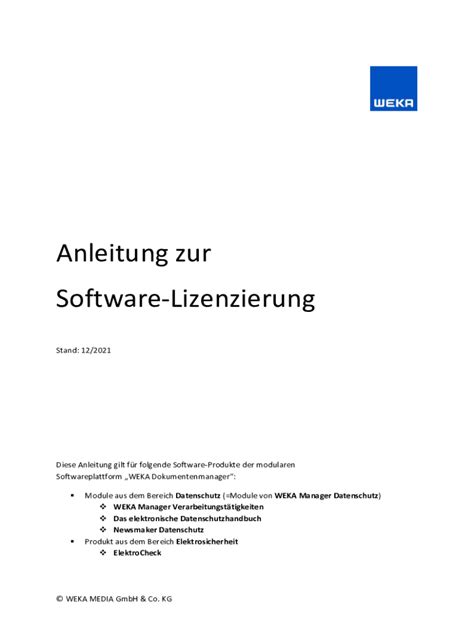 Ausfüllbar Online Software WEKA Manager CE alle wichtigen